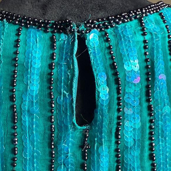 Royal Feelings Vintage Silk Sequin Beaded Top XL Teal Black Evening Party Blouse - Picture 7 of 15